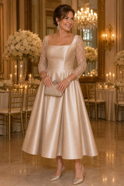 Champagne Satin Dress with Lace Sleeves A woman wearing a champagne satin dress with sheer lace sleeves, pointed-toe heels, and a beaded clutch in an elegant decorated ballroom.