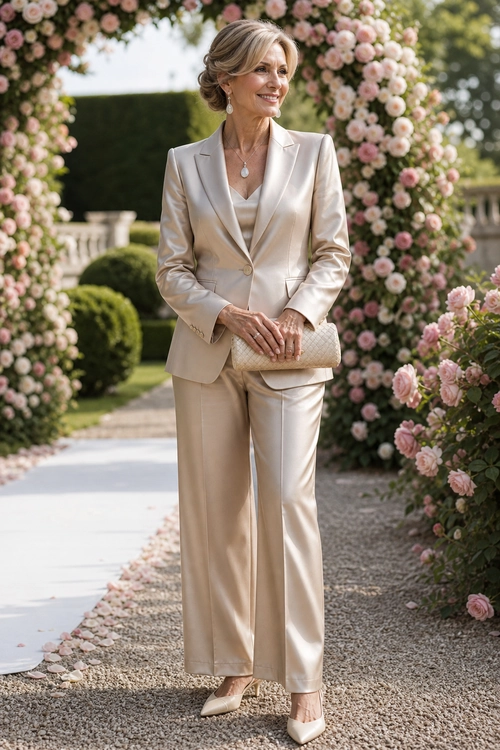 A woman wears a champagne satin blazer and matching wide-leg trousers with pointed pumps, a clutch, and delicate jewelry.
