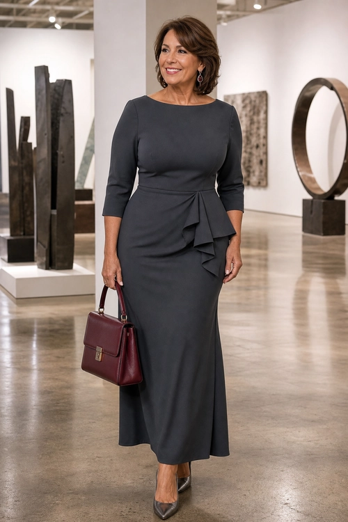 A woman wears a fitted charcoal gray dress with three-quarter sleeves and a draped waist detail, paired with a burgundy handbag and pointed heels.