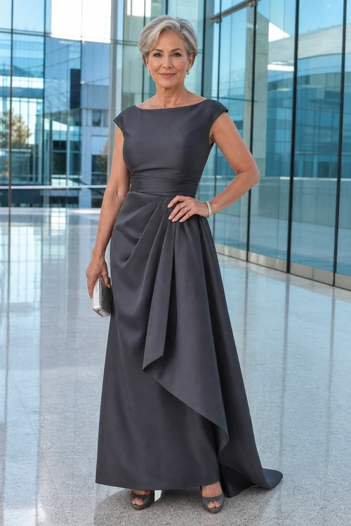 Charcoal Draped Evening Dress A charcoal gray sleeveless floor-length dress with a gathered waist and dramatic asymmetrical draped skirt.