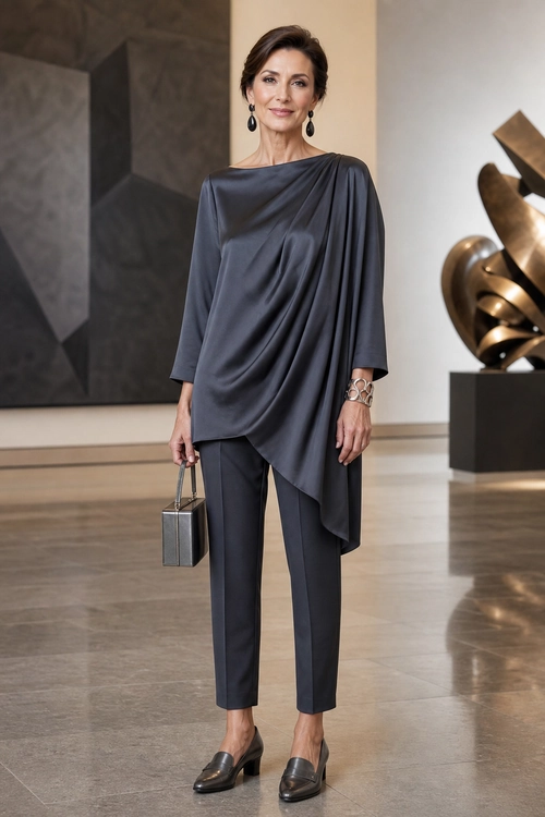 A woman wearing a charcoal draped tunic with tapered trousers, dark loafers, drop earrings, a cuff bracelet, and a small structured handbag.