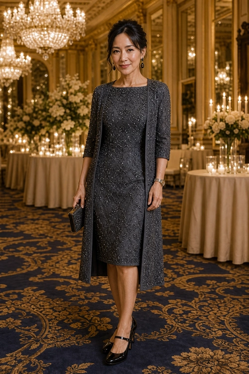 Charcoal Sparkle Evening Outfit A woman wears a charcoal glitter midi dress with a long open cardigan, black Mary Jane shoes, and a small black clutch.