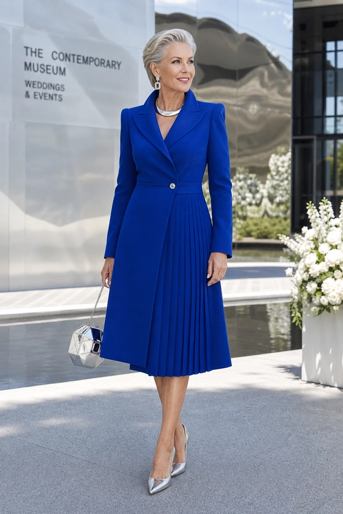 A woman wears a cobalt blue tailored coat dress with a pleated skirt, silver jewelry, a metallic handbag, and pointed pumps.