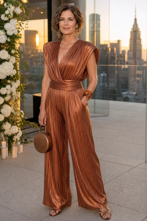 Copper Pleated Jumpsuit Look A woman wears a copper pleated wide-leg jumpsuit with a deep V neckline, round handbag, bracelet, earrings, and strappy sandals.