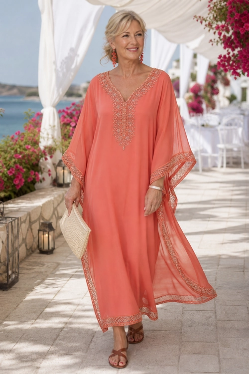 Woman wearing a flowing coral kaftan with embellished trim, brown flat sandals, coral earrings, and a woven clutch.