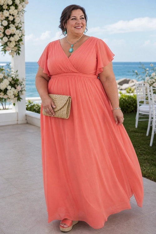 Coral Flutter-Sleeve Maxi Dress A woman wears a coral flutter-sleeve maxi dress with a woven clutch, turquoise jewelry, and wedge sandals.