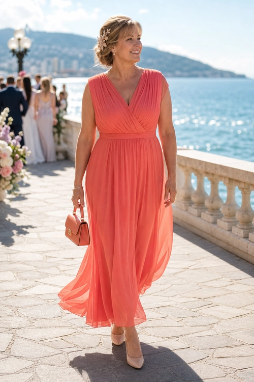 Coral Pleated Wrap Dress A woman wearing a coral pleated wrap-style dress with nude pointed heels and a matching handbag by the waterfront.