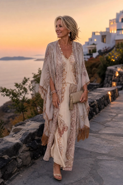 A woman wears a cream dress with a sheer floral kimono, woven clutch, and flat sandals on a coastal walkway at sunset.