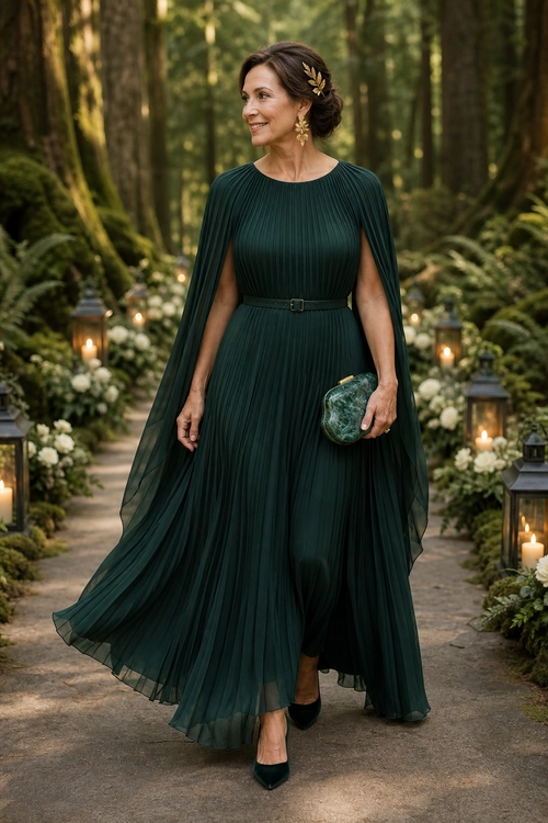 Dark Green Pleated Evening Dress A woman wears a dark green pleated dress with sheer cape sleeves, a slim belt, black pointed shoes, and a green clutch in a garden setting.