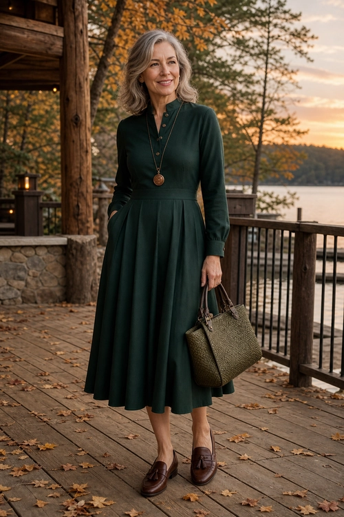 A woman wears a dark green long-sleeve pleated midi dress with brown loafers, a pendant necklace, and a textured olive handbag.