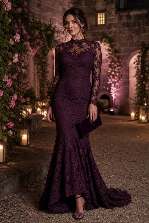 Dark Purple Lace Evening Gown Woman wearing a dark purple lace mermaid gown with sheer long sleeves, a matching clutch, and strappy heels.
