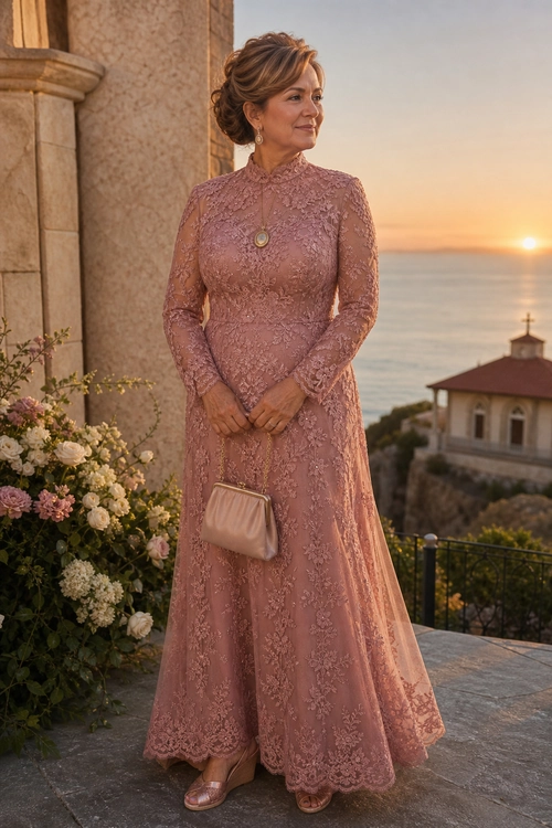Dusty Rose Lace Evening Dress A woman wears a dusty rose long-sleeve lace maxi dress with a pendant necklace, clutch, and strappy sandals.