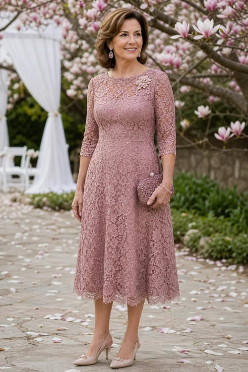 Woman wearing a dusty rose three-quarter sleeve lace midi dress with nude pumps and a matching beaded clutch.