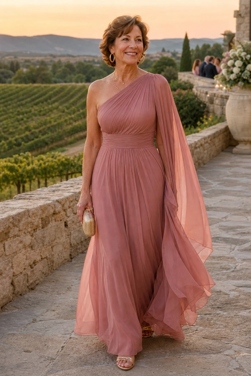 Dusty Rose One-Shoulder Gown A woman wears a dusty rose pleated one-shoulder gown with a sheer draped sleeve, gold clutch, hoop earrings, and metallic sandals.