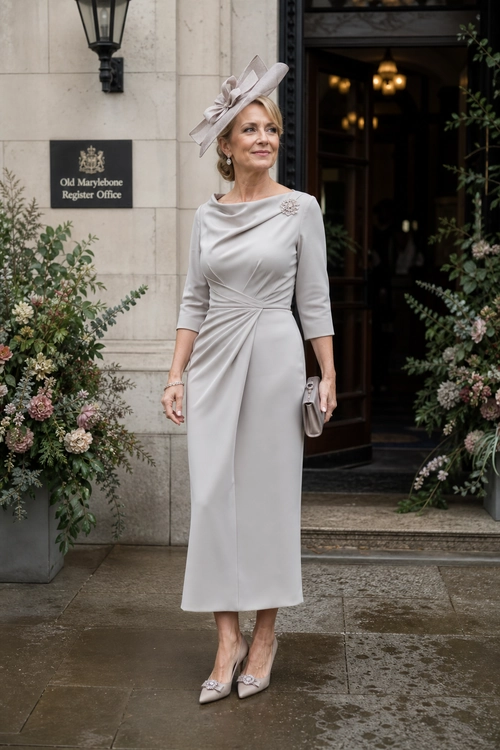 Elegant Gray Occasion Dress A woman wearing a light gray draped midi dress with a fascinator, clutch, and embellished pointed-toe heels.