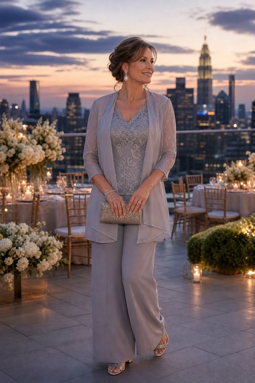 Elegant Lace Top and Wide-Leg Trousers A woman wears a soft lavender lace top, sheer long cardigan, wide-leg trousers, metallic clutch, and heeled sandals.
