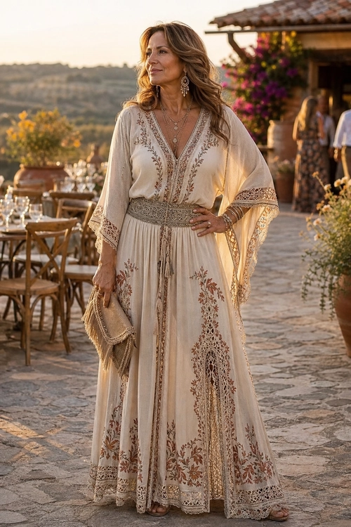 Woman wearing an ivory embroidered maxi dress with lace-trimmed bell sleeves, layered necklaces, earrings, and a fringed clutch.