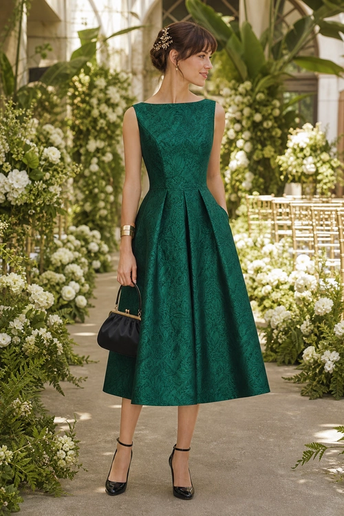 Woman wearing an emerald green sleeveless brocade dress with a flared skirt, black heels, and a black handbag in a flower-filled garden.