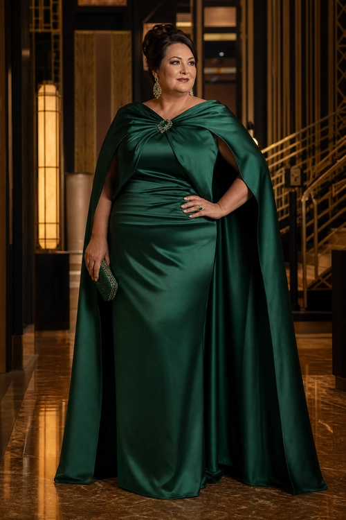 Emerald Green Cape Gown A woman wears an emerald green satin gown with a draped cape, jeweled brooch, drop earrings, and a small clutch.