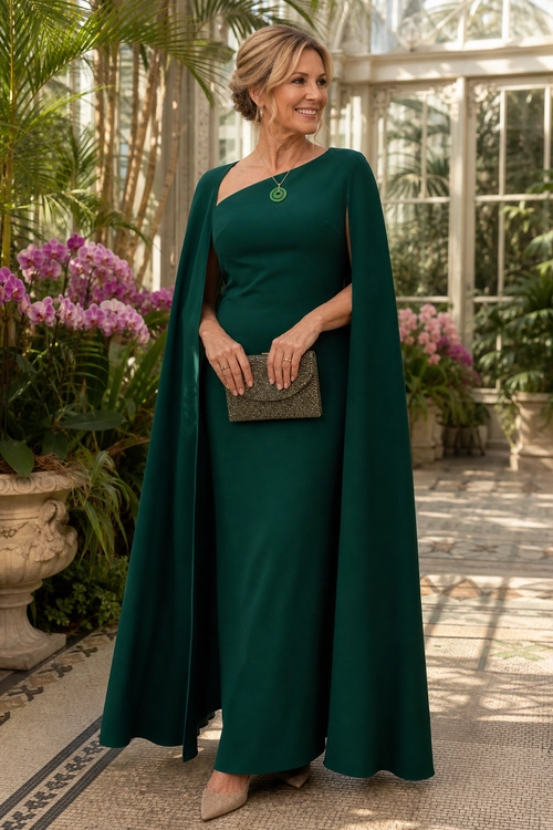 Emerald Green Cape Gown A woman wears a floor-length emerald green gown with cape sleeves, a pendant necklace, a textured clutch, and beige pointed heels.
