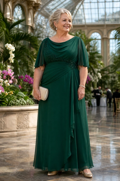 Emerald Green Draped Evening Dress A woman wears a floor-length emerald green dress with sheer flutter sleeves, draped detailing, a light clutch, and metallic heels.