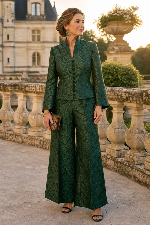 Emerald Green Jacquard Trouser Suit A woman wears a dark green patterned jacket with matching wide-leg trousers, open-toe sandals, and a brown clutch.