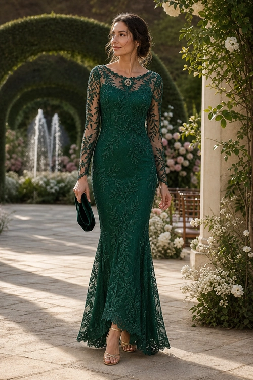 Emerald Green Lace Gown Woman wearing a full-length emerald green lace gown with sheer floral sleeves, a dark clutch, and metallic strappy sandals in a garden setting.