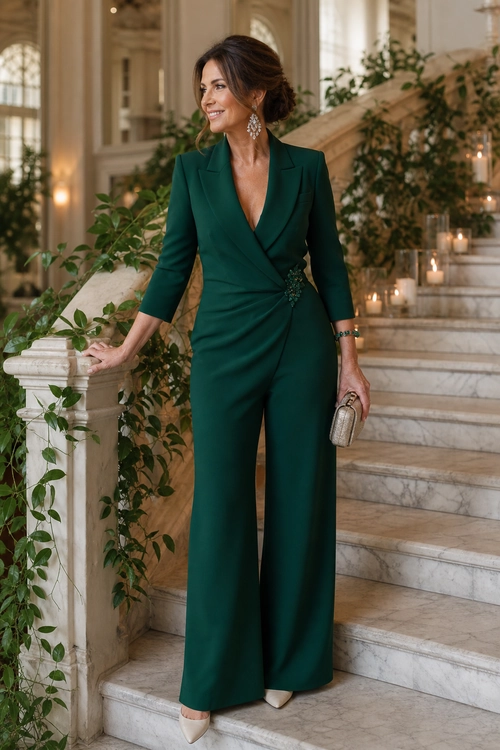 Emerald Green Tailored Jumpsuit A woman wears an emerald green tailored jumpsuit with wide legs, pointed cream shoes, drop earrings, a bracelet, and a small metallic clutch on a grand staircase.