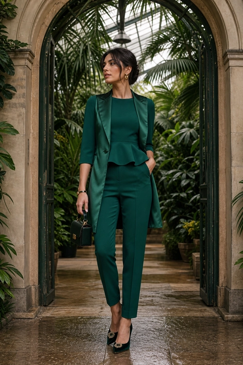 Emerald Green Tailored Trousers Outfit Woman wearing an emerald green tailored long vest, peplum top, and trousers with black embellished shoes and a small black handbag.