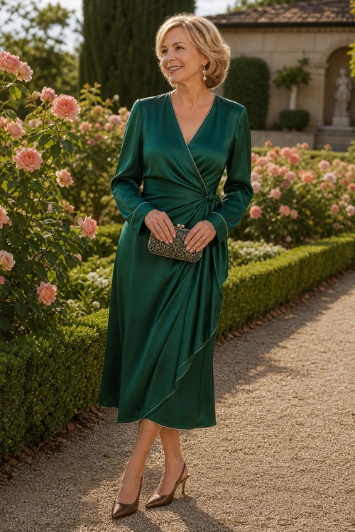 Emerald Green Wrap Dress Outfit Woman wearing an emerald green satin wrap dress with brown pointed heels and an embellished clutch in a garden setting.