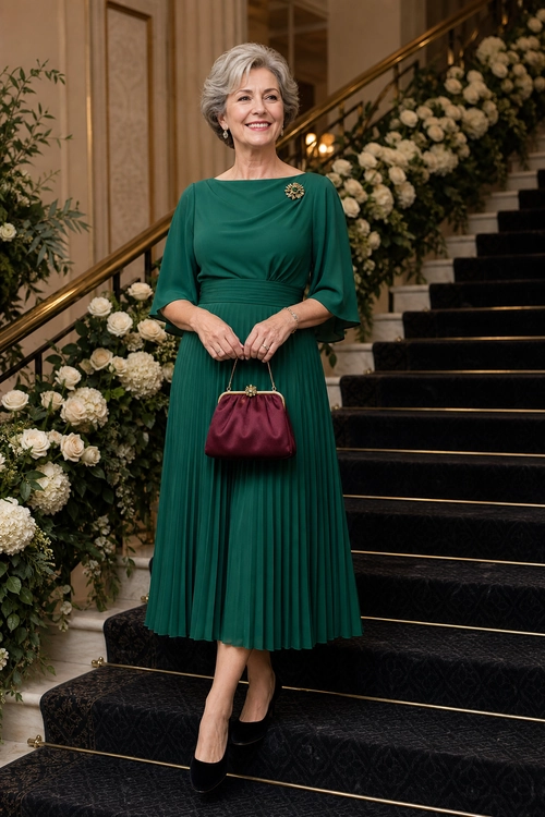 A woman wears an emerald green pleated midi dress with a brooch, burgundy handbag, and black pumps on a decorated staircase.