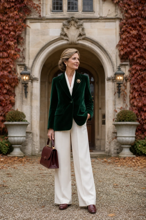 A woman wears a dark green velvet blazer with an ivory blouse and wide-leg trousers, burgundy accessories, and a decorative brooch.