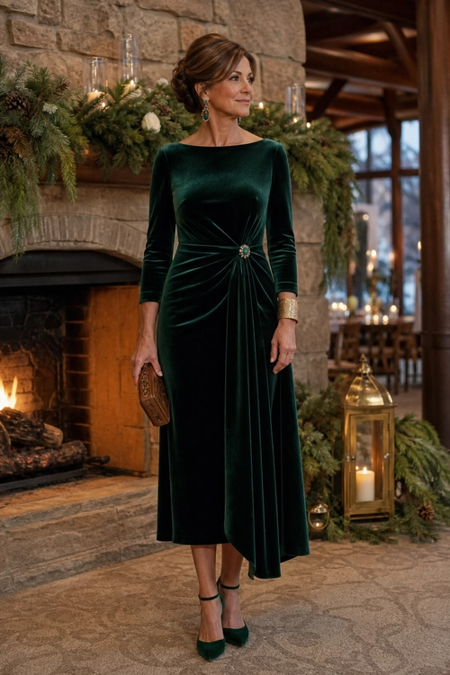 Emerald Velvet Draped Dress Woman wearing a dark emerald green velvet dress with a gathered waist, green ankle-strap heels, a brown clutch, and gold jewelry.