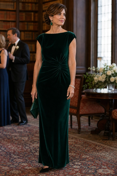 A woman wears a floor-length dark emerald velvet dress with a gathered waist, green earrings, a matching clutch, and black pointed shoes.