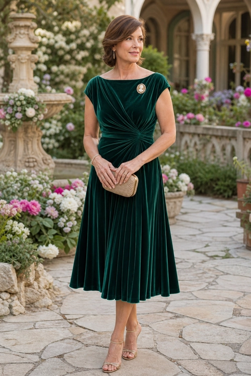 Woman wearing an emerald green velvet pleated dress with a brooch, gold clutch, and strappy sandals in a flower-filled garden.