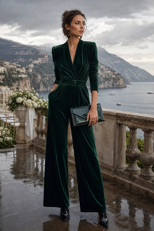 Emerald Velvet Wrap Jumpsuit A woman wears a dark emerald green velvet wrap jumpsuit with long sleeves, a belted waist, wide legs, black pointed heels, and a black clutch.