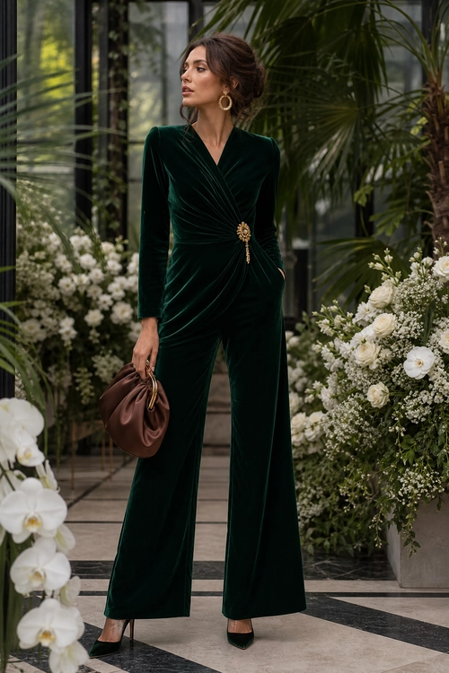 A woman wears a dark emerald velvet wrap-style jumpsuit with a gold brooch, hoop earrings, brown handbag, and black pointed heels.