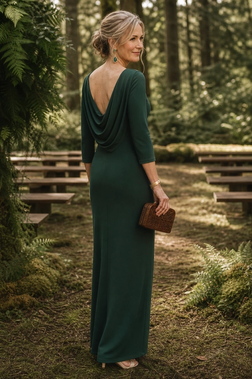 Forest Green Draped Maxi Dress Woman wearing a long forest green dress with a draped open back, gold jewelry, a brown clutch, and light sandals.