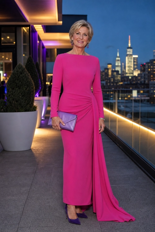Fuchsia Draped Evening Dress A woman wears a long-sleeve fuchsia floor-length dress with a draped waist, purple pointed heels, and a matching clutch.