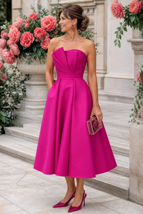 Fuchsia Strapless Midi Dress Outfit A woman wears a fuchsia strapless fit-and-flare midi dress with matching pointed pumps and a small clutch.