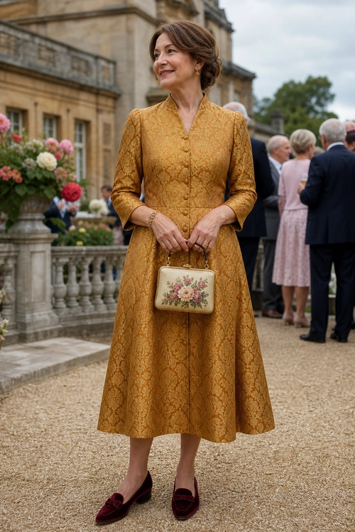 Woman wearing a gold patterned midi dress with a floral handbag and burgundy bow loafers.