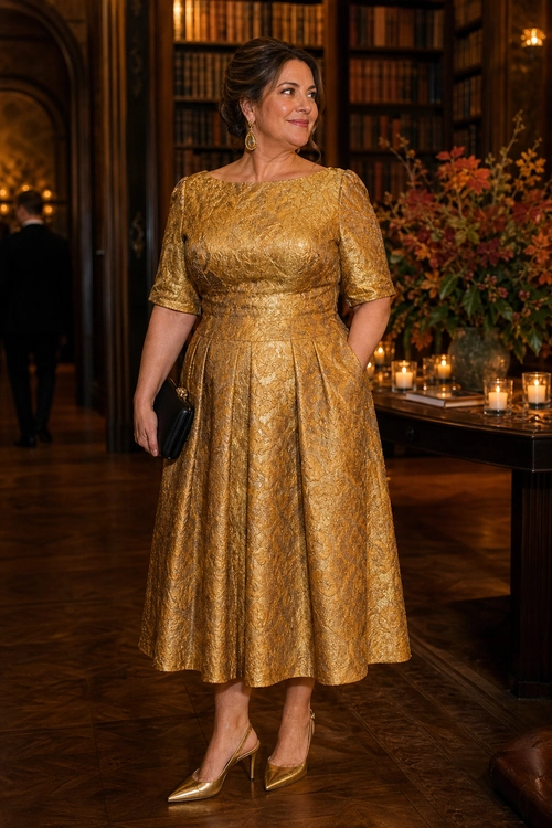 Gold Brocade Fit-and-Flare Dress Woman wearing a gold brocade fit-and-flare dress with pointed metallic pumps and a black clutch.