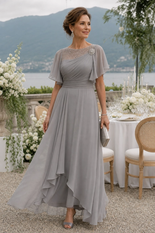 Woman wearing a flowing gray chiffon maxi dress with flutter sleeves, jeweled brooch, silver clutch, and matching accessories at an elegant outdoor event.