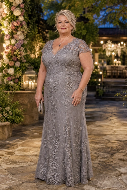 Gray Lace Evening Gown A woman wears a floor-length gray lace gown with short sleeves and a V-neckline at an outdoor evening venue.