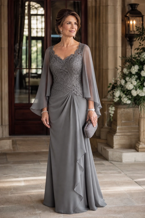 Gray Lace Evening Gown A woman wears a floor-length gray gown with a lace bodice, sheer long sleeves, a draped skirt, and a small textured clutch.