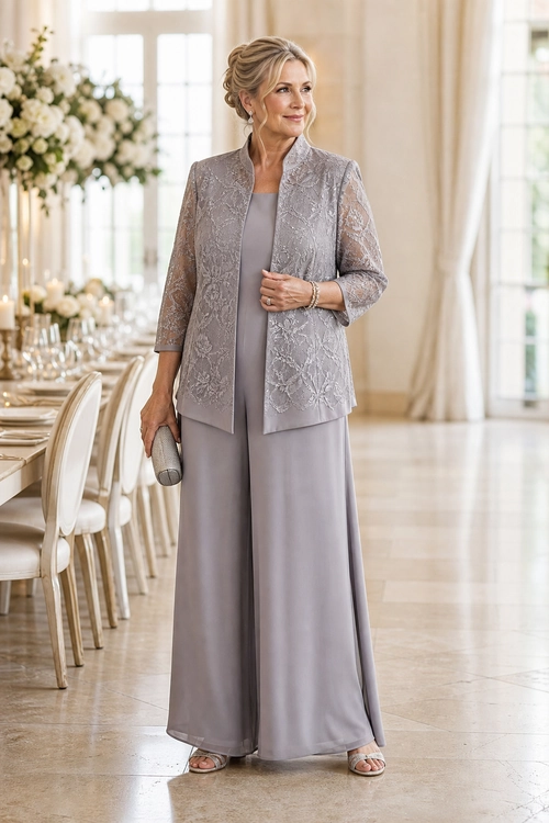 Gray Lace Jacket and Long Dress Woman wearing a floor-length gray dress with a sheer lace jacket, open-toe sandals, and a small clutch.