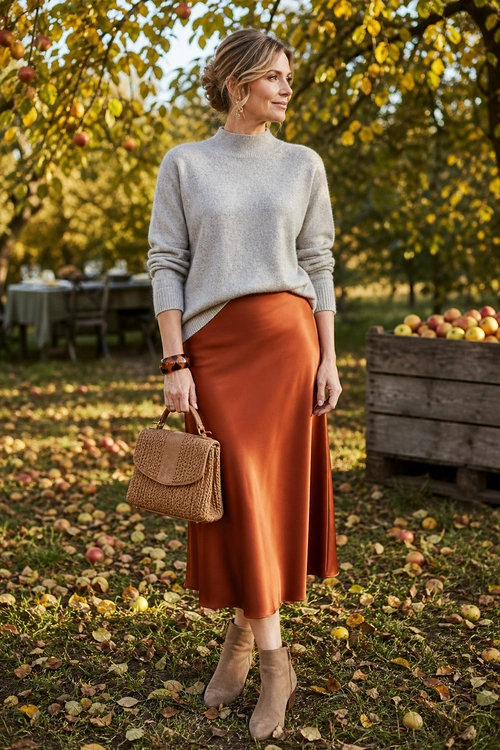 A woman wears a gray high-neck sweater with a rust satin midi skirt, beige ankle boots, and a brown textured handbag.