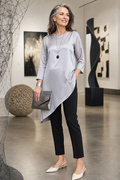 Woman wearing a gray asymmetrical tunic with black ankle trousers, pointed slingback shoes, and a metallic clutch.