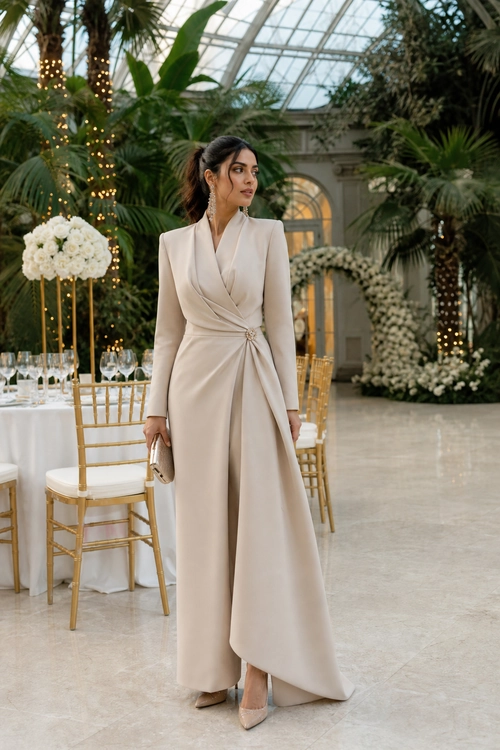 Ivory Draped Wrap Dress A woman wears an ivory long-sleeved wrap dress with a draped asymmetrical hem, nude pointed-toe heels, drop earrings, and a small clutch.