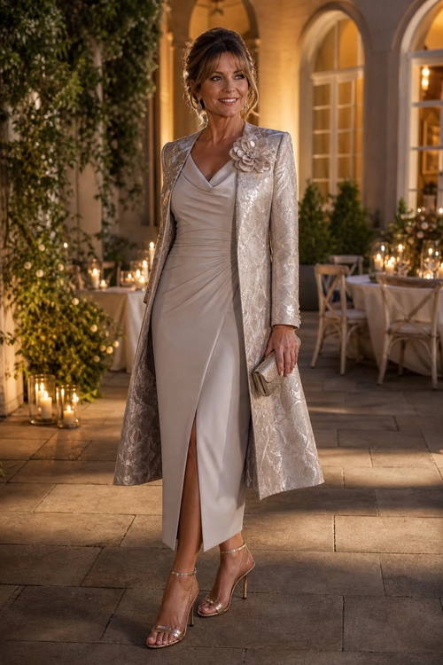 Ivory Dress with Metallic Brocade Coat A woman wears an ivory draped midi dress with a front slit, a long metallic brocade coat, strappy heels, and a small clutch.